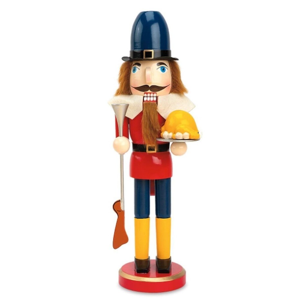 Wooden Nutcracker,14",THANKSGIVING DAY,WHITE PILIGRIM WITH TURKEY ON THE TRAY,
